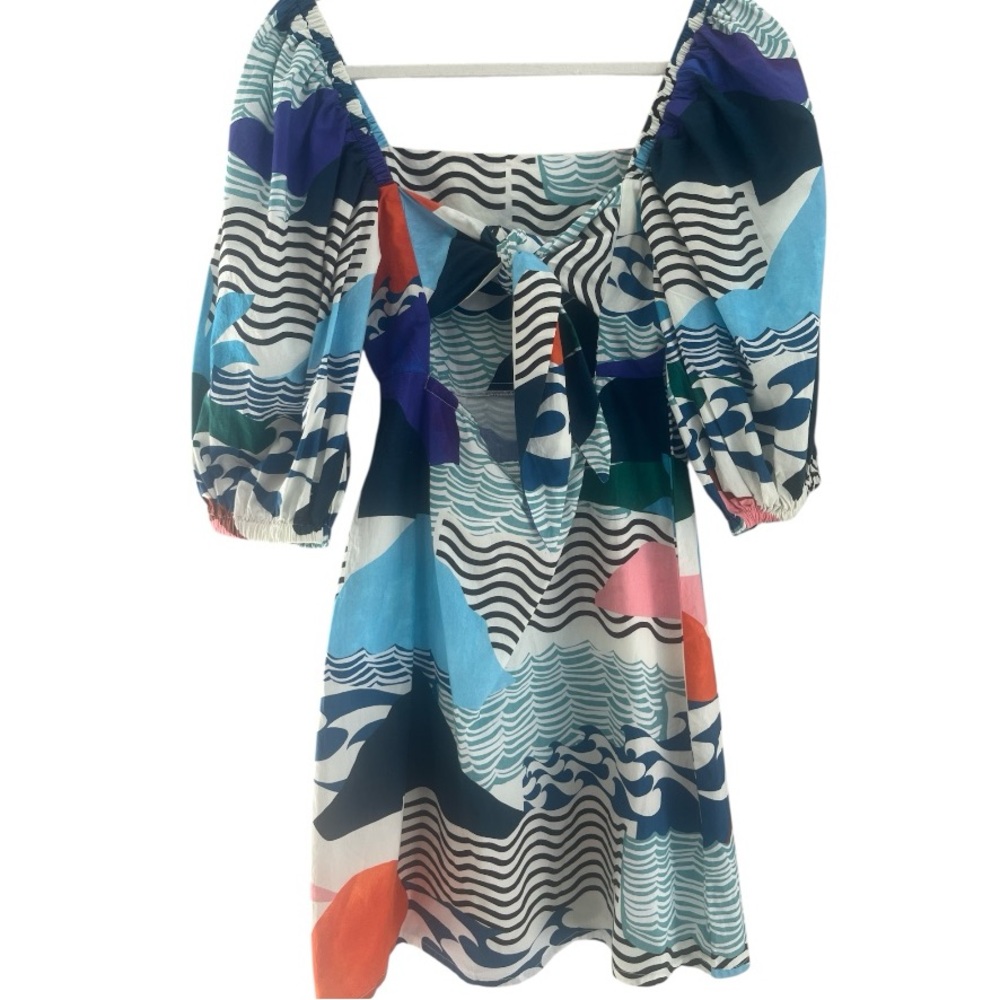 Oliphant Dress Puffed Sleeve Cutout Bow Cotton Abstract Mini Size Small - Picture 4 of 12